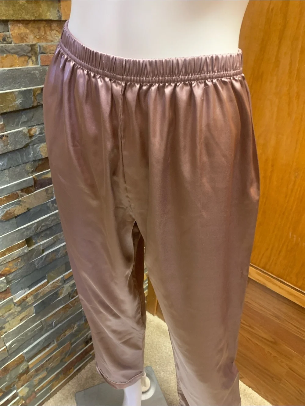 Satin-Look Elastic Waist pajama pants  in Mauve